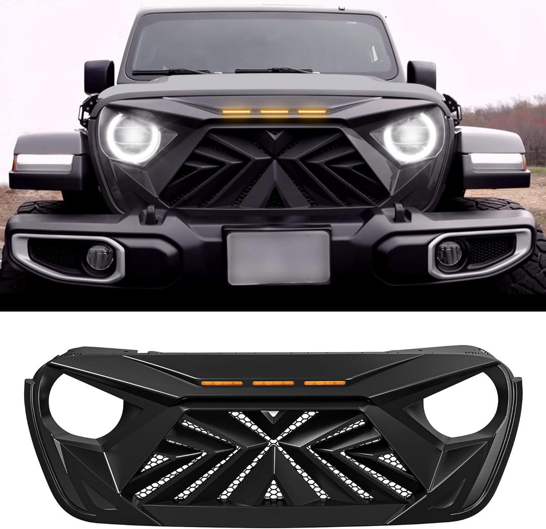 Seven Sparta Front Grill with 3 Amber LED Lights Compatible with 2018-2023 Jeep Wrangler JL JLU Gladiator JT, ABS Mesh Grille (Matte Black)
