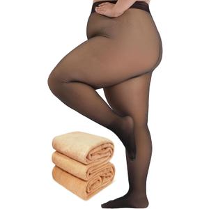 Plus Size Fleece Lined Tights for Women, Fake Translucent Warm Winter Leggings, Control Top Thermal Tights (1X-2X, Black)