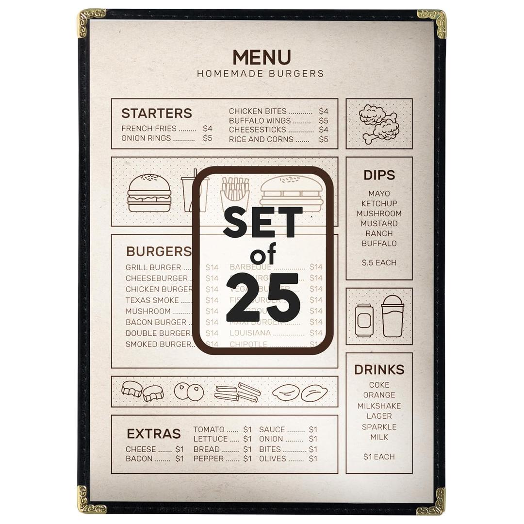 25 Restaurant Menu Covers 8.5'' x 11'', Double Stitched Single Pocket Menu Holder with Golden Corners, Clear Viewing Surfaces