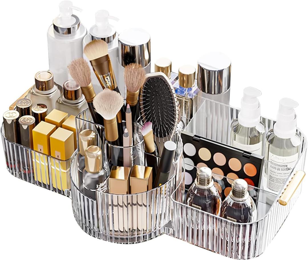 DASITON Large Makeup Brush Holder,Rotating Makeup Organizer,Vintage Striped Cosmetic Organizer,Makeup Storage Organizer for Bathroom Countertop,Dresser,Vanity(Clear)