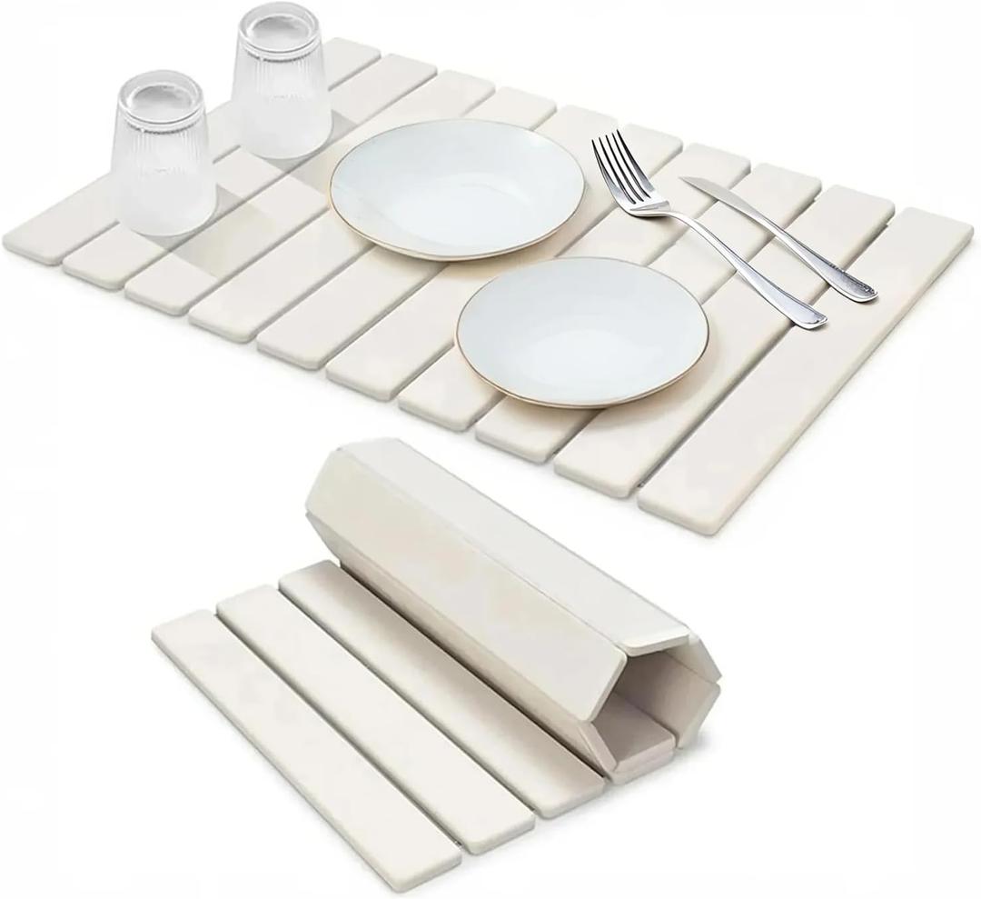 Large Stone Dish Drying Mat for Kitchen Counter: Foldable Water Absorbing Diatomaceous Earth Dish Drying Mat, Quick Dry Stone Dishes Mats for Countertop Bottles Utensils Cups, 24"L x 16"W