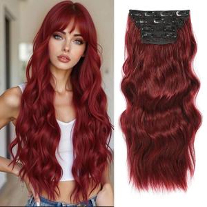 Clip in Hair Extensions 4PCS 200g/5oz Long Wavy Curly Balayage Hair Extensions Clip Ins for Women Thick Double Weft 22 Inch Hairpieces (Wine Red)