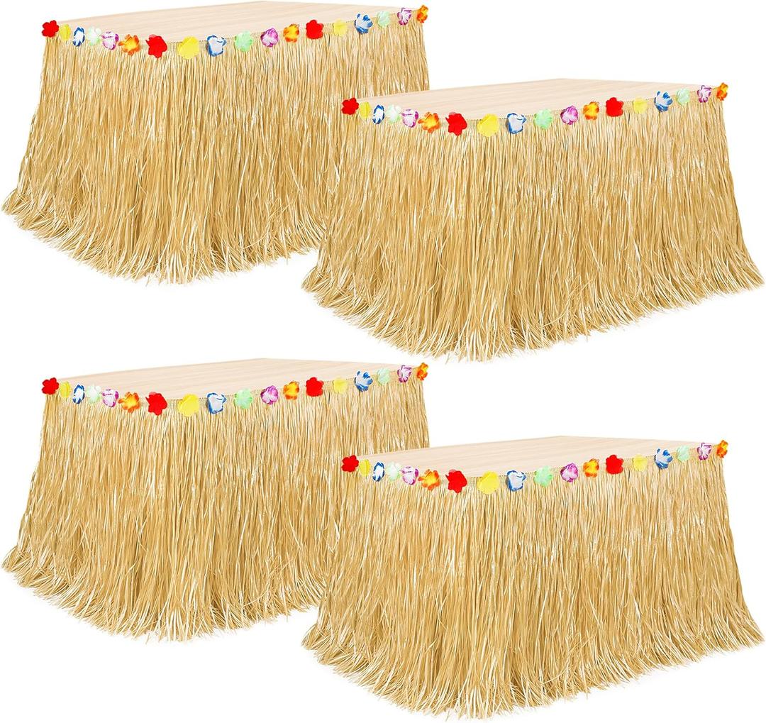 Luau Party Table Skirt Decorations, 4PCS Gold Hawaiian Themed Grass Table Skirt, 108 X 29.5" Flower Tropical Hula Dance Parties Supplies, Table Skirt for Hawaiian Summer Beach Themed Party Decor