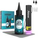 Akisey UV Resin Kit with Light, 50g UV Resin with Rechargeable 395NM UV Flashlight, Fast Curing in Seconds, UV Glue Adhesive for Bonding Jewelry, Plastic, Glass & Acrylic Repair Kit with Mat, Gloves