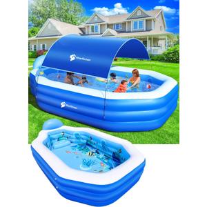 Inflatable Pool with Canopy,Large Inflatable Swimming Pool for Kids,Adult,Blowup Pool with Seats,Backrest.Durable Thickened 118"x75"x22" Inflatable Family Pools for Backyard-Dark Blue