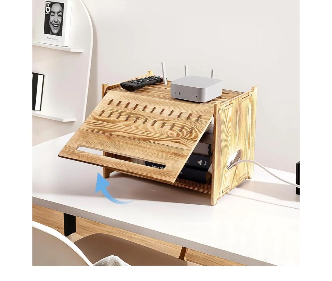 Solid Wood Projector Shelf Router Shelf Projector Stand Router Storage Box Router Cover Organized Modem Cable Power Strip Cable Management Hider Rack by Need Assembly (Flip-top Door)