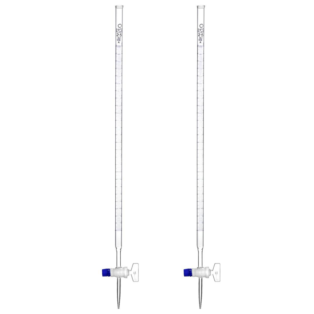 QWORK 25mL Class A Borosilicate Burette with Glass Key Stopcock - Laboratory Grade, 2 Pack Precision Graduated, 22.5 Inches Tall for Lab, Home, Beer, and Wine Making