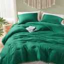 Codi Emerald Green King Comforter Set - Boho Chic Bedding with Elegant Pom Fringe, Soft Washed Microfiber 3pc Luxury Set, Lightweight & Breathable for Master Bedroom, 1 Comforter & 2 Pillow Shams