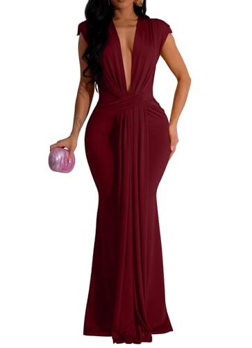 Memoriesea Women's Elegant Sleeveless Deep V Neck Bodycon Party Evening Gown Maxi Dress Burgundy Large