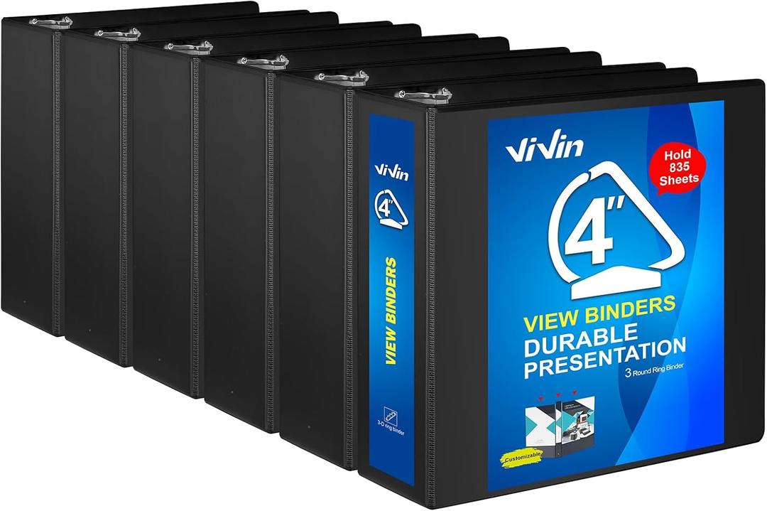 ViVin Durable 4 inch D Ring View Binder, Large 4" Slant-D Ring with 835-Sheet Capacity, Fit 8.5" x 11" Paper, 6 Pack(Black)