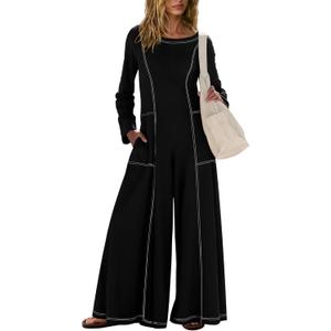 Nirovien Womens Long Sleeve Jumpsuit Dressy Casual Wide Leg Pant Romper One Piece Outfits with Pockets (Black, S)