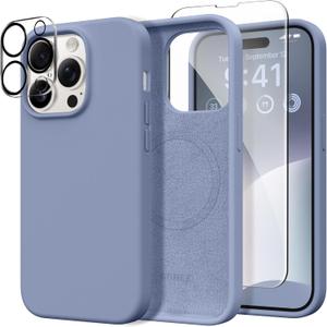 GONEZ for iPhone 14 Pro Max Case Silicone, Compatible with MagSafe, with Screen Protector + Camera Lens Protector, Liquid Silicone Shockproof Protective Phone 14 ProMax Case 6.7", Lavender Gray