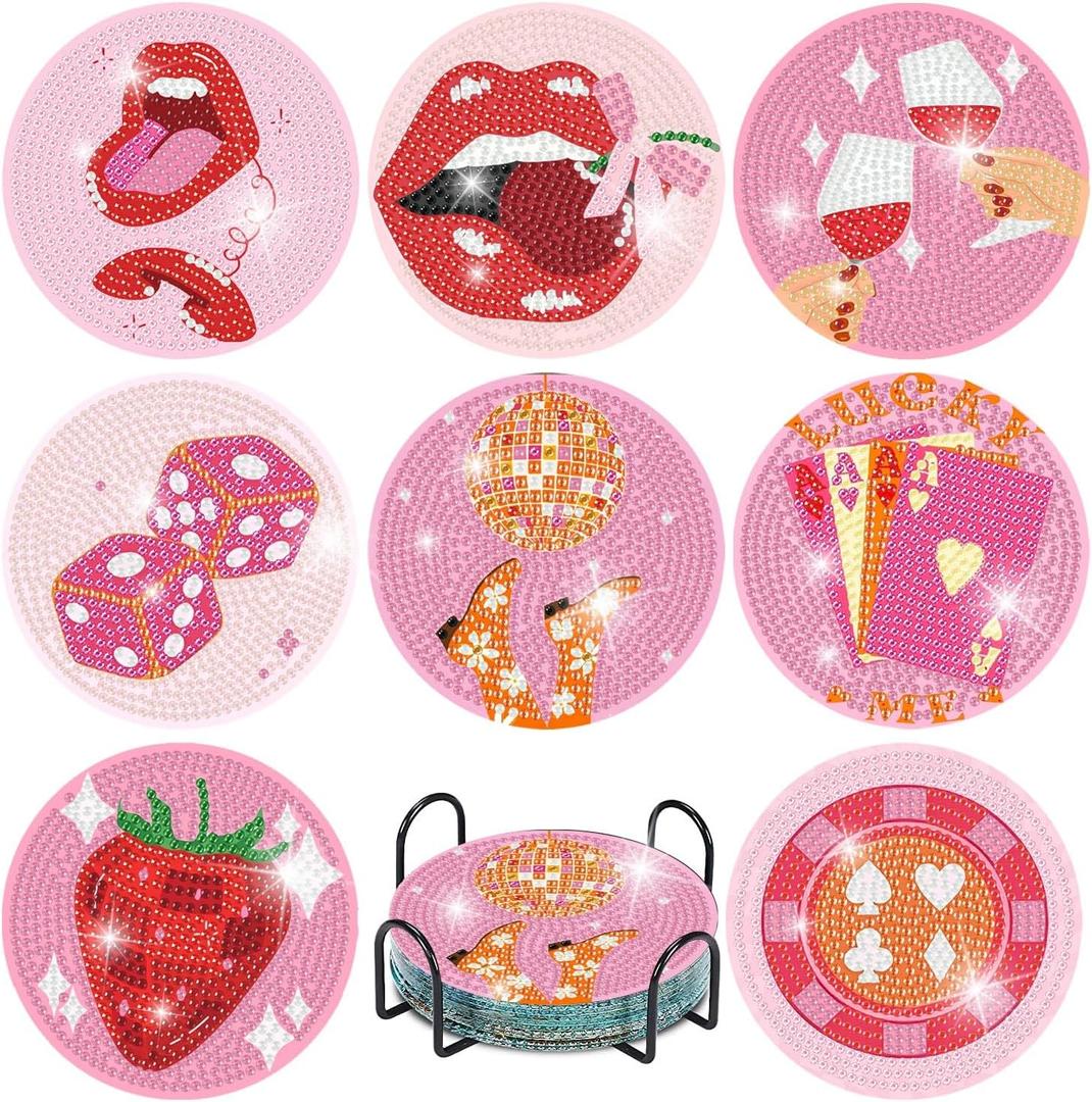 Canrichshop Pink Vintage Diamond Paintings Coasters Kits Set,8 Pieces Retro Funny Drinks Diamond Art Painting Coasters Kit with Holder,5D DIY Full Drill Diamonds Dot for Beginners Gift