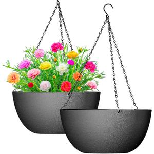 WOUSIWER 13 inch 2Pack Large Hanging Planters for Outdoor Indoor Plants with Drainage Holes and Chain, Round Hanging Flower Pots for Garden Home Porch Decor, Black