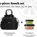 Fit & Fresh Cromwell Drawstring Lunch Bag for Women, Complete Lunch Set with 2 Containers, Stain-Resistant, Leak-Resistant, Back to School Essential, Teacher Lunchbox, Black