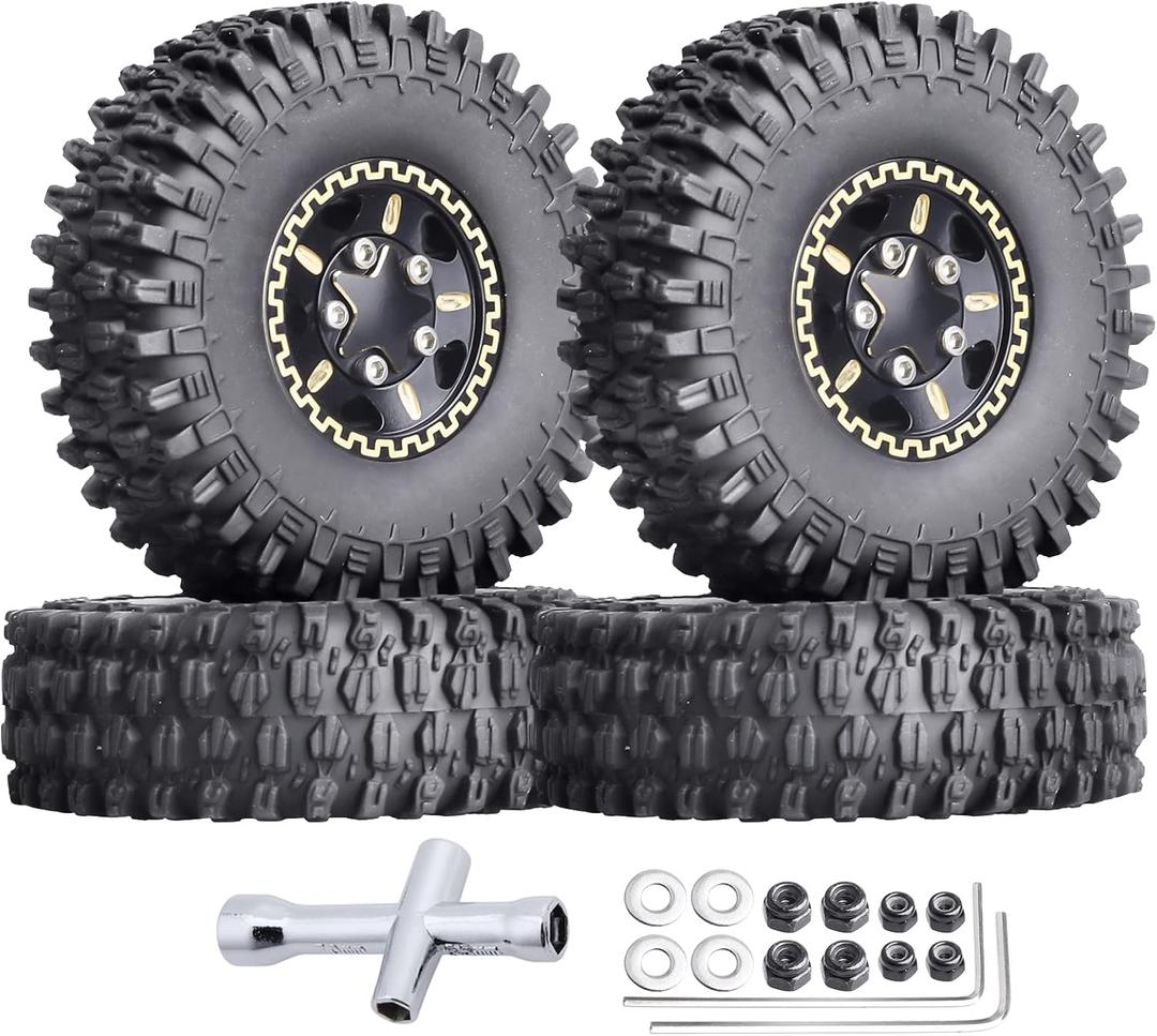 Hobbypark Brass 1.0 Beadlock Wheels and Tires for TRX4M Upgrades Axial SCX24 1/24 RC Crawler Replacement Parts, Set of 4 (Type A)