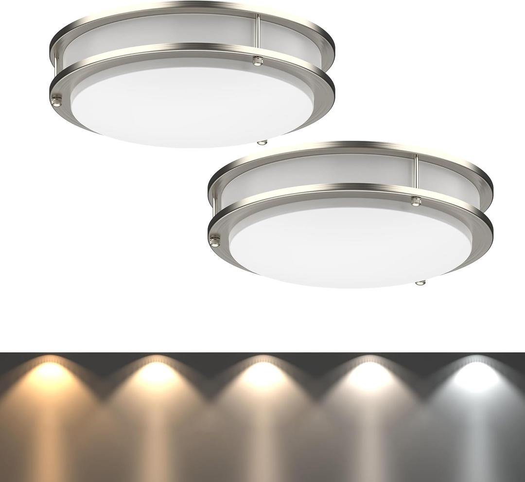 DYMOND 10 Inch LED Ceiling Light Flush Mount 2 Pack Brushed Nickel Dimmable Selectable Light Color (2700K/3000K/3500K/4000K/5000K) 5-in-1 Ceiling Lamp for Kitchen, Hallway, Bathroom, Closet (5 Colors Adjustable)
