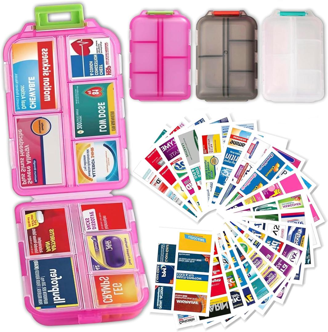 Pill Organizer with Medicine Labels, Travel Daily Pill Container, Mini Medication Organizer, 7-Day Pill Case, Set of 3 (Pink+White+Grey) (Standard)