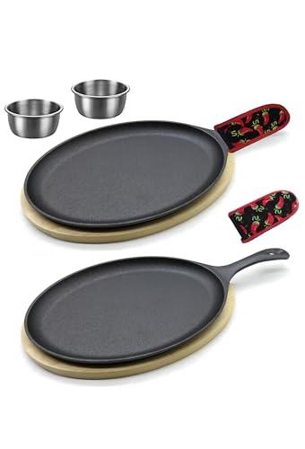 ZURRITO 2 x Cast Iron Fajita Plate Set Fajita Plate Pan with Wooden Tray Anti Scald Protection Hot Mitt Cast Iron Skillet Set for Home Barbecue Kitchen Party Restaurant Catering Service