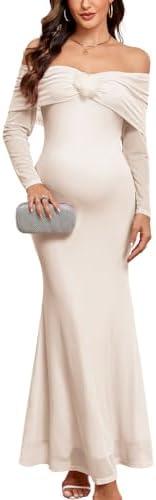 AISWI Maternity Off The Shoulder Mermaid Maxi Dress Mesh Bodycon Pregnancy Dresses Baby Shower Photoshoot with Floral, L