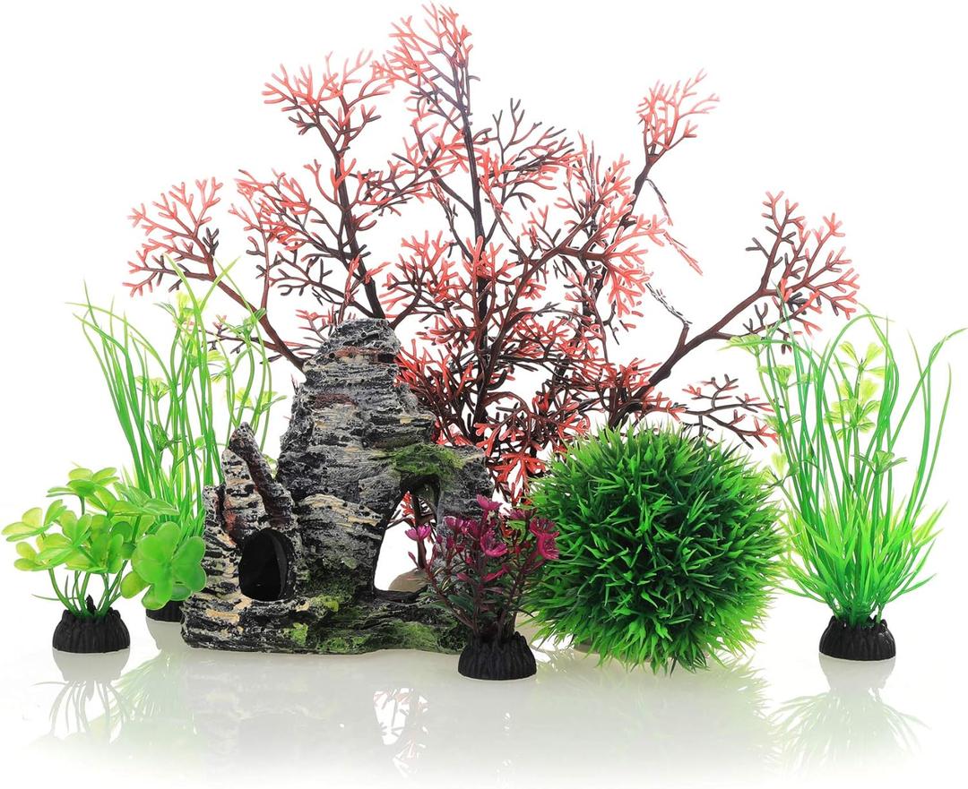 JIH Aquarium Fish Tank Plastic Plants and Cave Rock Decorations Decor Set 7 Pieces, Small and Large Artificial Fish Tank Plants with Cave Rock (CU89Red-7) (Cu89red-7)