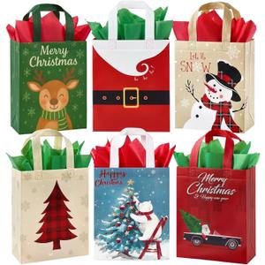 STYPOP 24 Pack 10" Christmas Gift Bags Medium Size with Tissue Paper, Reusable Non-Woven Christmas Tote Bags with Handles, Perfect for Xmas Gift Wrap/Party Favor Supplies, 10"  8"  4"