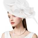 dressfan Vintage Fascinator Hats for Women,Linen Pearl Fascinator for Derby Church Wedding Tea Party (White)