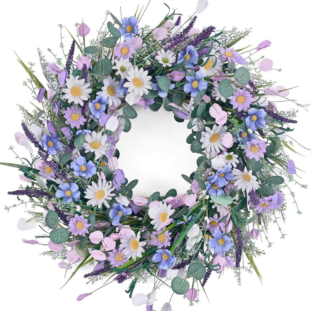 Waipfaru Spring Wreaths for Front Door, 22 Inchs Spring Daisy Wreath Summer Wreath with Floral Lanvender for Indoor Outdoor Wall Porch Window Decor and Festival Celebration