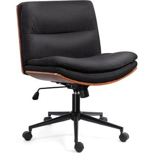 Office Chair, Criss Cross Legged Office Desk Chairs with Wheels, PU Leather Adjustable Wide Swivel Walnut Task Chair with Linen Fabric, Ergonomic Mid Back Computer Chair for Meeting Room, Home (Black Linen and Wooden Frame)