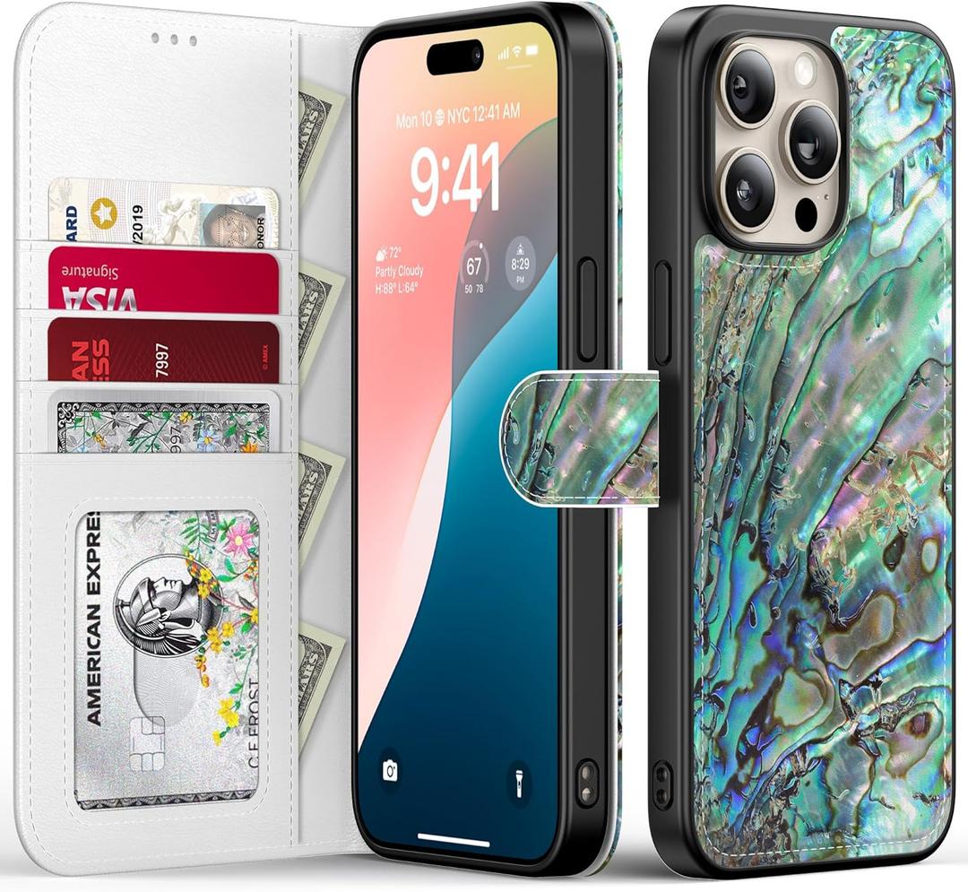 FUNMIKO for iPhone 14 Pro Max Case Wallet,Detachable Flip Folio Leather Cover,RFID Blocking 4 Card Holder,Magnetic Kickstand,Protective Phone Shell for Women Girls,Green Oyster Shell