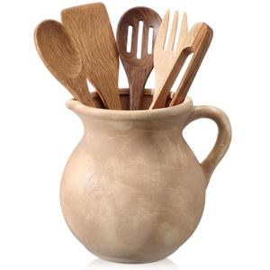Potchen Rustic Kitchen Utensil Holder with Handle,7.48" H Ceramic Vintage Utensil Crock for Countertop, Farmhouse Kitchen Decoration Ceramic Pot for Spatulas Spoons Tongs(Classic,Antique Beige)
