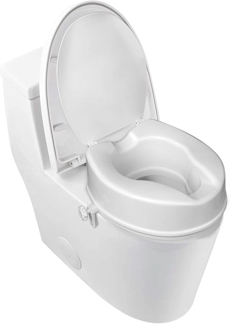 4 Inch Raised Toilet Seat with Lid for Seniors, Toilet Seat Riser for Elderly, Elevated Toilet Seat for Round & Elongated Toilets, Stable Handicap Toilet Riser with Adjustable Locking Clamps
