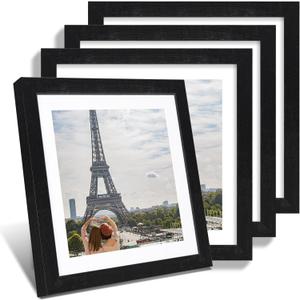 12x12 Picture Frame Set of 4 - Made of Glass and Rustic Black Wooden Frame, Display Square Pictures 10x10 with Mat or 12 x 12 without Mat, Desktop & Wall Collage Photo Frame