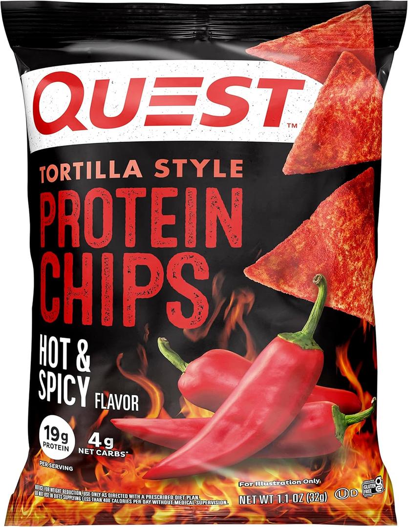 Quest Nutrition Tortilla Style Chips, Hot & Spicy, 19g of High Protein, 4g Net Carbs, Gluten Free, 1.1 Ounce (Pack of 12) Best Before August 1, 2026