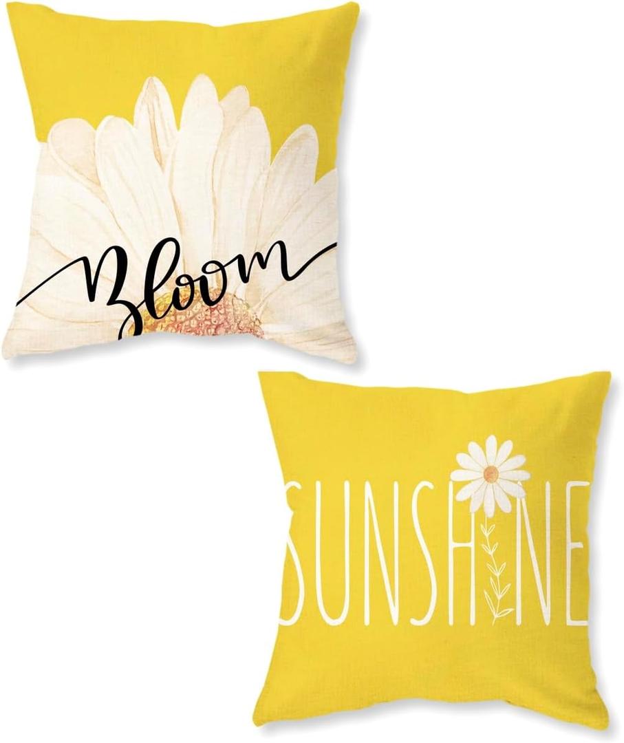 ONWAY Spring Summer Pillow Covers 18x18 Inch Farmhouse Daisy Yellow Outdoor Throw Pillow Cover Sunshine Bloom Decorative Cushion Case for Sofa Couch Home Bed Set of 2
