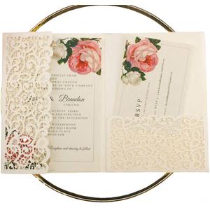 25pcs 5"x7.28" Ivory Vintage Tri Fold Wedding Invitations Cards pocket Pearl Paper Laser Cut Hollow Carving Greeting invites Covers only no envelope no insert