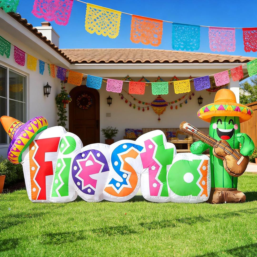DomKom 7FT Long Cinco De Mayo Inflatable Fiesta Cactus with Colorful Letters, Mexican Party Decor with Sombrero Guitar and Built-in LEDs Light Blow up for Garden Lawn Yard