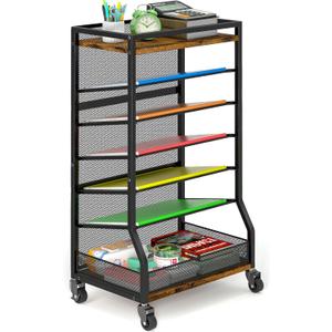 7 Tier Rolling File Cart with Sliding Trays, Wood Metal File Organizer Beside Desk, Free-Standing File Holder, Paper Letter Tray Organizer Mesh Desk Organizer for Home Office School (Patent) (Brown)