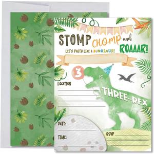 Dinosaur Birthday Invitations for Boy Age 3, Three-Rex Party Decoration and Supplies, 20 Fill-In Invites + Envelopes