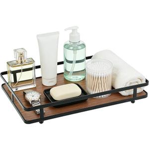 Bathroom Vanity Tray for Countertop 11.4" x 7.5" Decorative Wooden Organizer for Makeup Soap Dispenser and Perfume Accessories Wood Tray for Bathroom Countertop Toilet Tank and Kitchen Decor