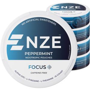 NZE Caffeine Free Nootropic Pouches (Peppermint) - Nootropic Pouches with Alpha GPC, L-Tyrosine & L-Theanine - No Sugar or Artificial Sweeteners - 15 Nicotine Free Pouches Per Can - 5 Pack