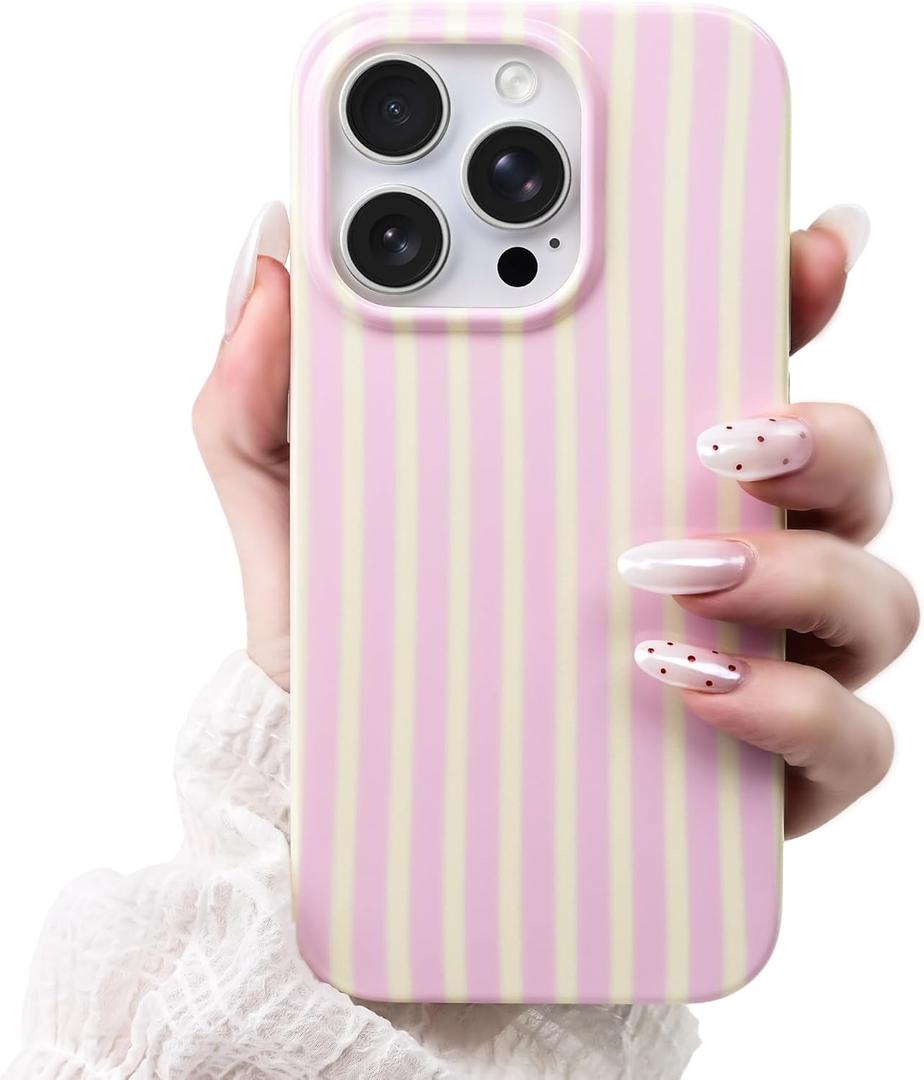 Compatible with iPhone 15 Pro Case,Cute Aesthetic Striped Pattern Cover for Women Girls,Soft TPU Shockproof Protective Stylish Kawaii Phone Case for iPhone 15 Pro 6.1",Pink/Yellow
