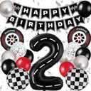 Race Car Birthday Party Decorations, with 40 Inch Racetrack Black Number 2 Balloon, Happy Birthday Banner and Foil Tire Balloon for 2nd Racing Theme Birthday Party Decor