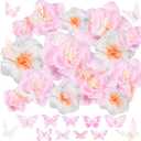 Cholemy 54 Pcs Tissue Paper Flowers with Butterflies Set 3 Sizes Flower Wall Decor Artificial 3D Crepe Paper Floral Decorations for Wedding Party Bridal Shower Birthday Nursery Backdrop, 2 Colors