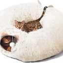 Cat Tunnel with Cat Bed for Indoor Cats, Soft Plush Peekaboo Cat Cave Donut Tunnel, Multifunctional Playground Toys Hideplace for Small Medium Large Kittens, Rabbit, Ferret (Cream White)