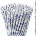 Honeydak 50 Pieces Blue and White Floral Reusable Straws Bulk 9" Floral Hard Plastic Drinking Straws for Beverage Cocktail Mason Jar Tumbler Birthday Wedding Tea Party Supplies