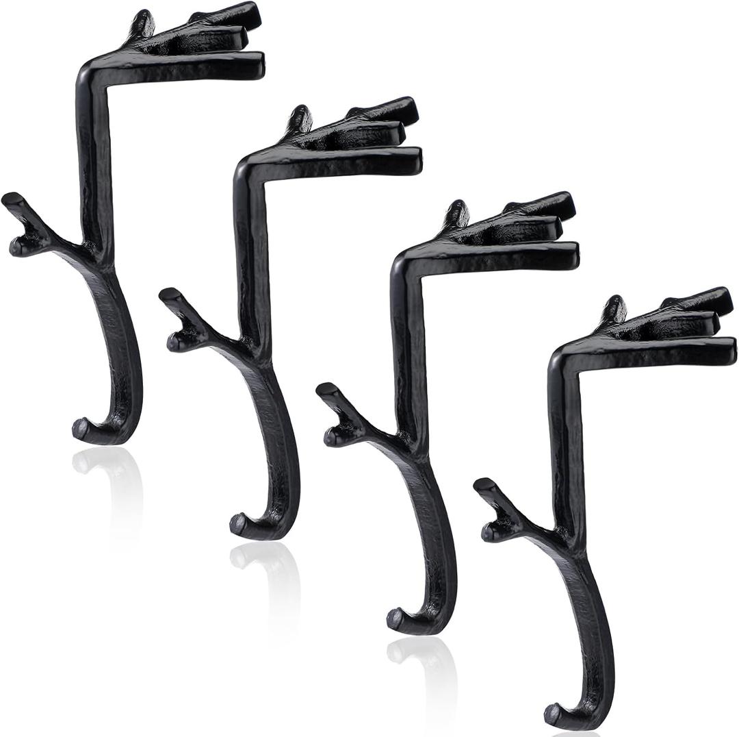 Vicenpal 4 Pcs Fireplace Stocking Garland Hanger for Mantel 2 in 1 Christmas Stocking Holder Two Hooks Durable Wrought Iron Metal Hanger with Padded for Holiday Xmas Home Shelf Decor (Retro Black)