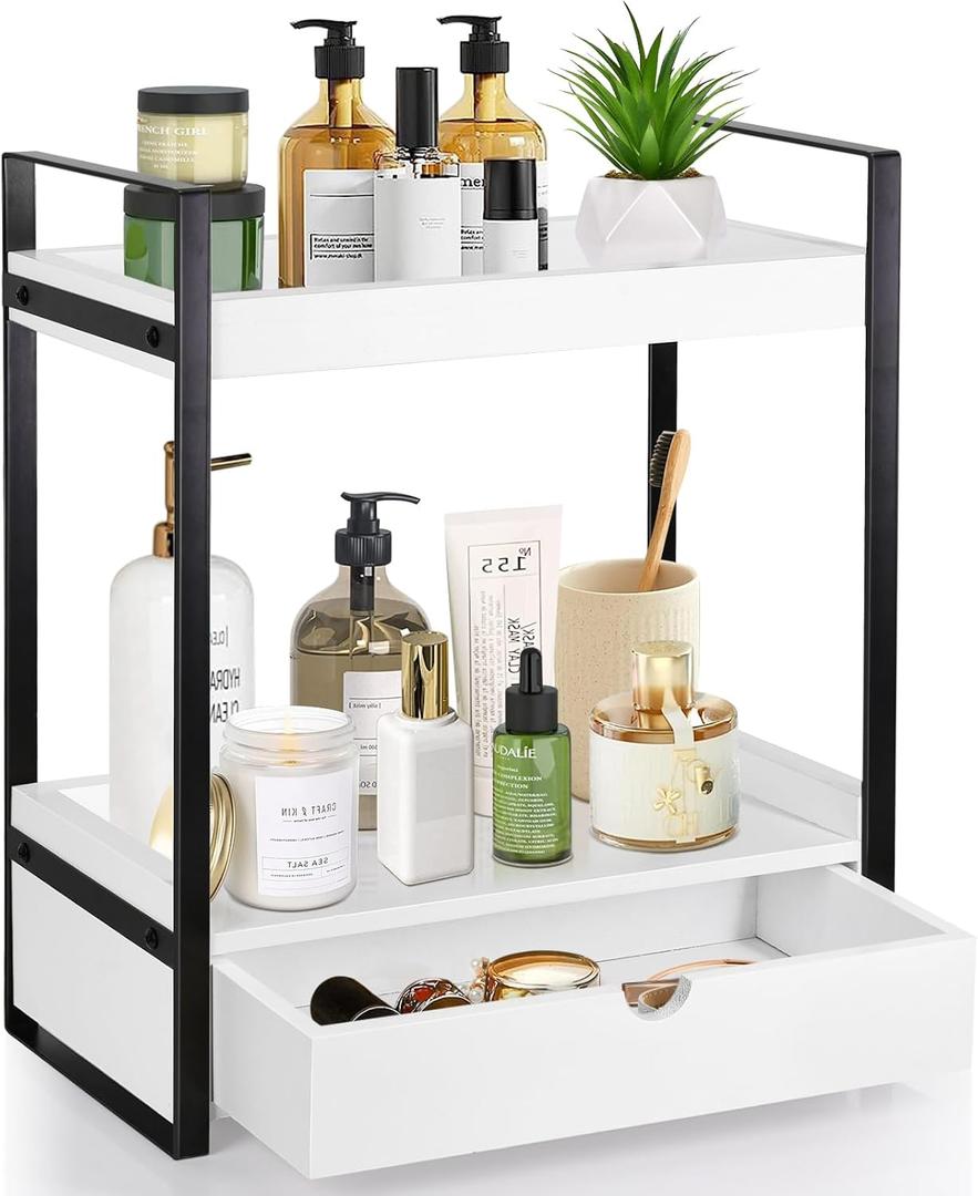 2-Tier Wooden Counter Shelf with Drawer, Vanity Tray for Organization and Decor, Countertop Organizer for Bathroom and Kitchen (White)
