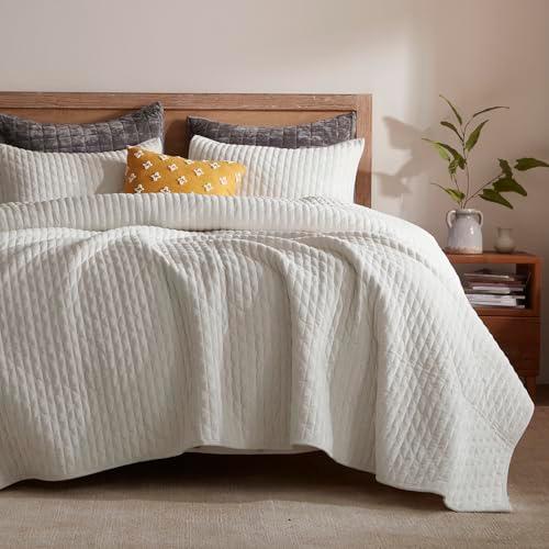 LEAONME Velvet Quilt Set Full/Queen Size 90''x98'', Lightweight White Velvet Comforter Set with 2 Matching Shams, Soft Cross Stitch Bedspread Coverlet Bedding Set for All Season