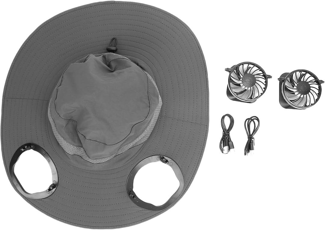 Solar Fan Hat with Wide Brim for Men and Women, Dual Removable Solar Fans, Adjustable Drawstring Grey - Breathable Sunproof Outdoor Cooling for Fishing, Hiking, Beach (Gray)